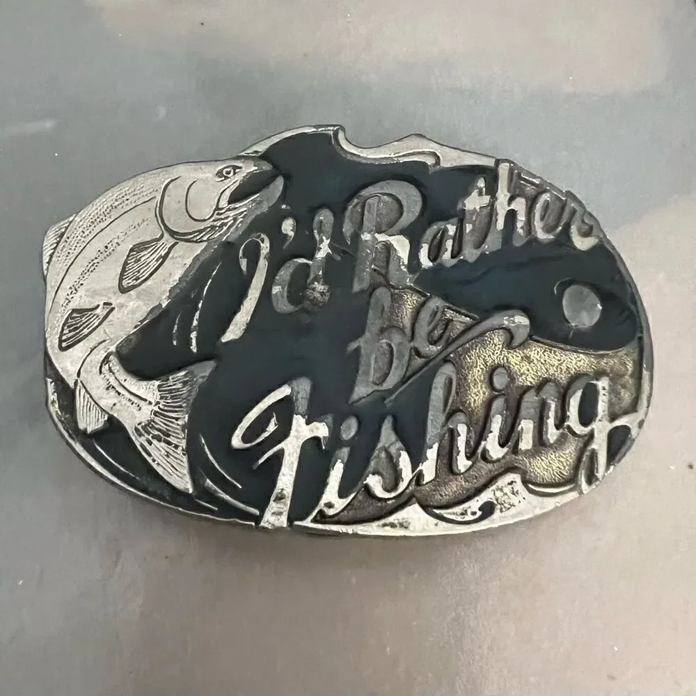 Vintage Belt Buckle 1985 I'd Rather Be Fishing Bass Fish USA Made #523